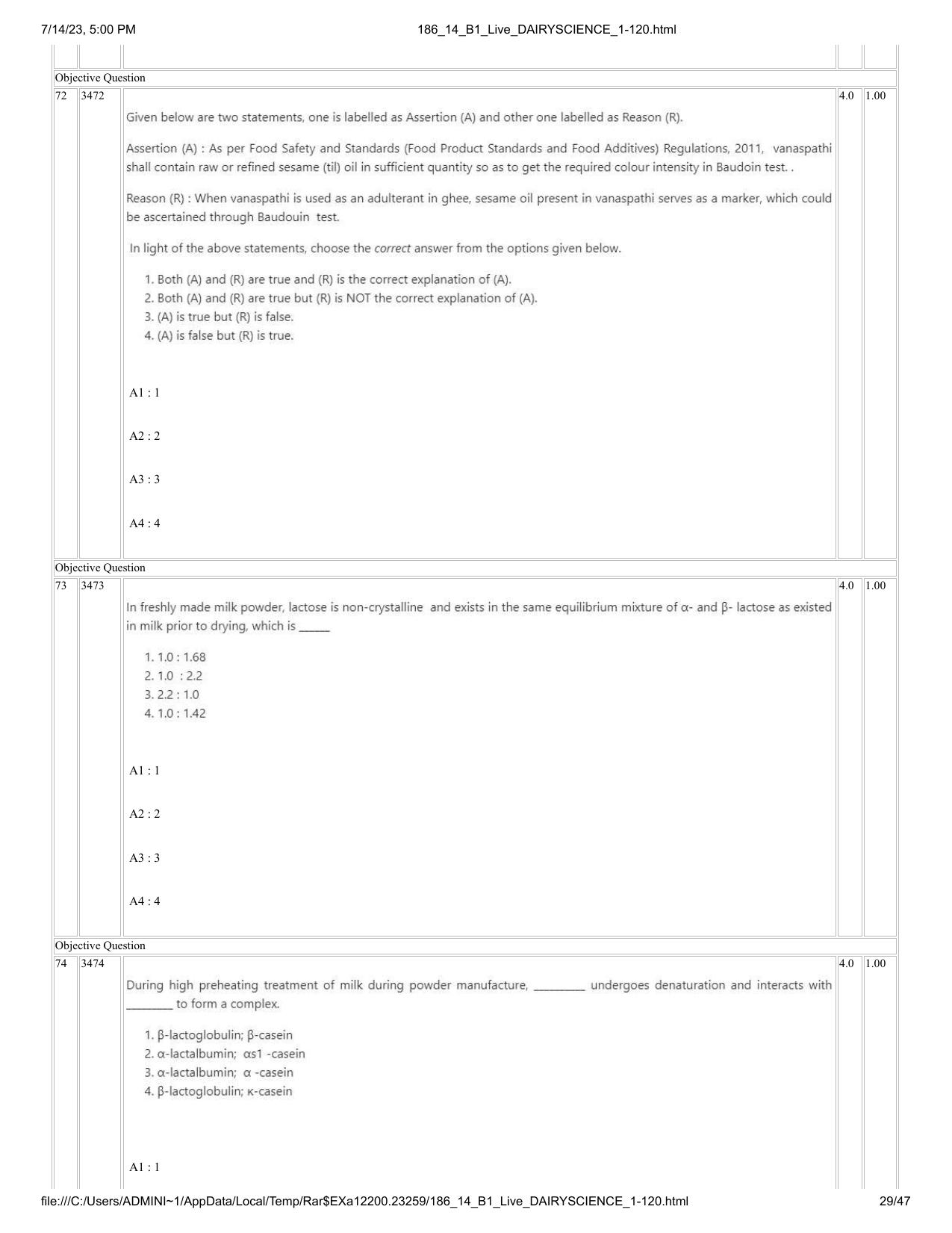 ICAR AIEEA PG 2023 DAIRY SCIENCE Question Paper- 14 July 2023 - Page 29