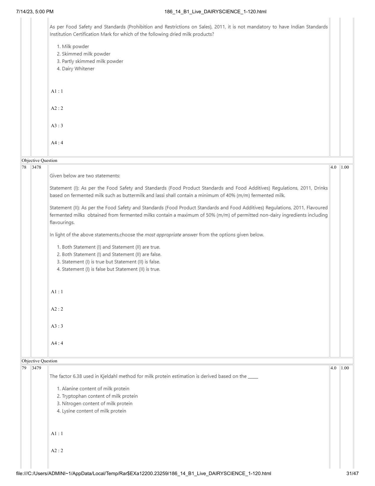 ICAR AIEEA PG 2023 DAIRY SCIENCE Question Paper- 14 July 2023 - Page 31