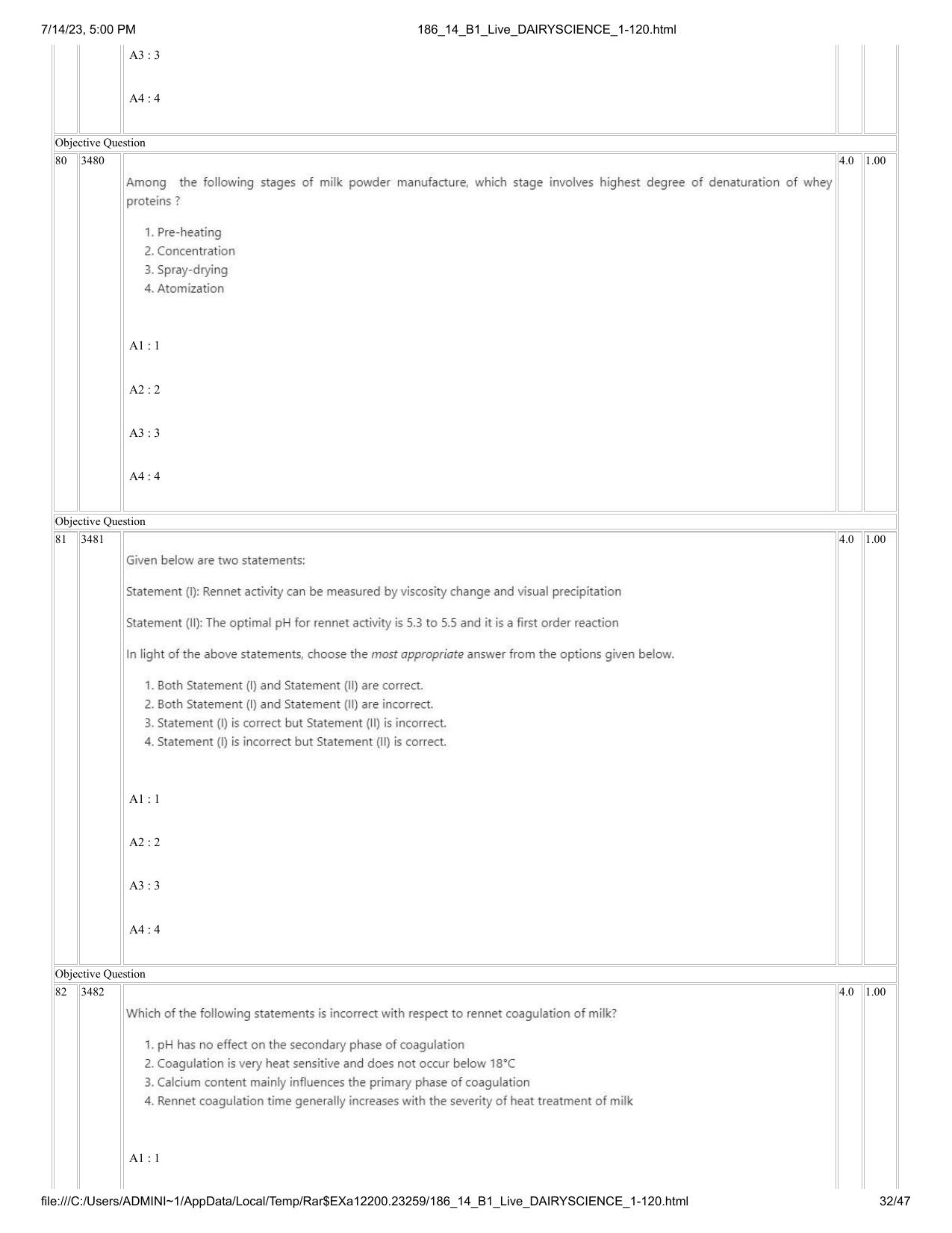 ICAR AIEEA PG 2023 DAIRY SCIENCE Question Paper- 14 July 2023 - Page 32
