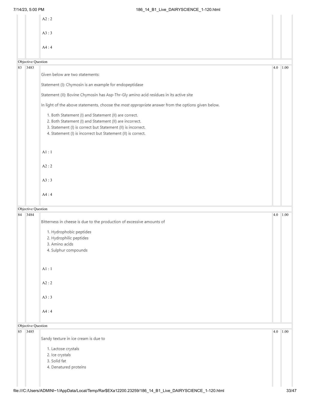ICAR AIEEA PG 2023 DAIRY SCIENCE Question Paper- 14 July 2023 - Page 33