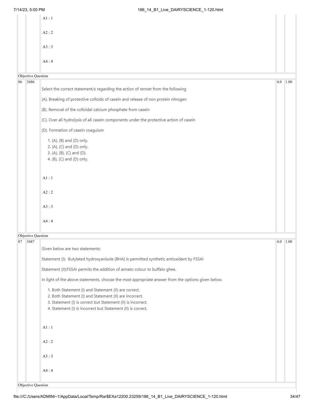 ICAR AIEEA PG 2023 DAIRY SCIENCE Question Paper- 14 July 2023 - Page 34