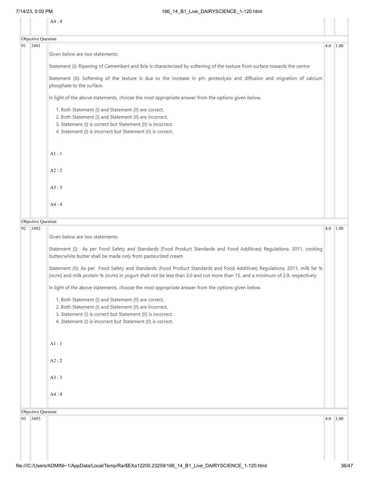 ICAR AIEEA PG 2023 DAIRY SCIENCE Question Paper- 14 July 2023 - Page 36