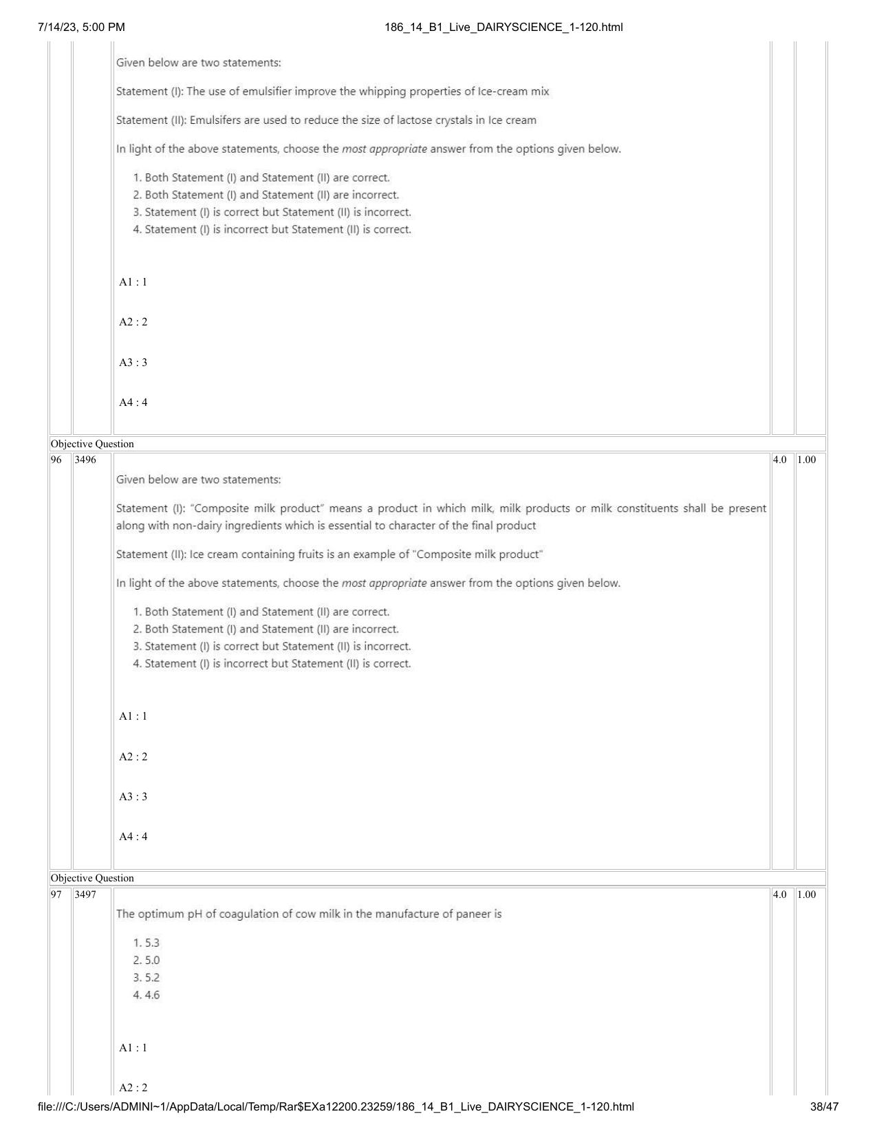 ICAR AIEEA PG 2023 DAIRY SCIENCE Question Paper- 14 July 2023 - Page 38