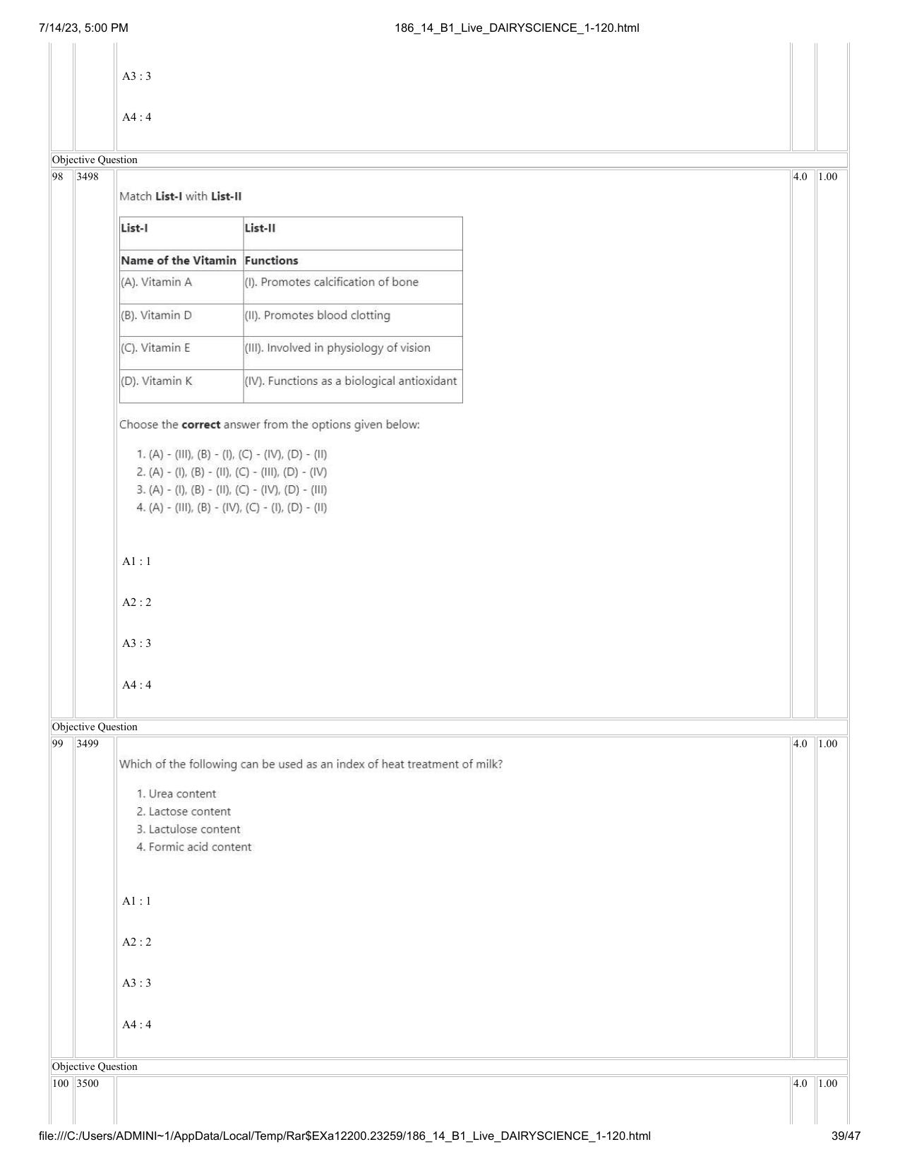 ICAR AIEEA PG 2023 DAIRY SCIENCE Question Paper- 14 July 2023 - Page 39