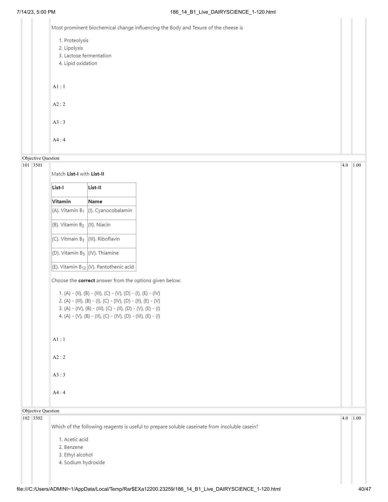 ICAR AIEEA PG 2023 DAIRY SCIENCE Question Paper- 14 July 2023 - Page 40