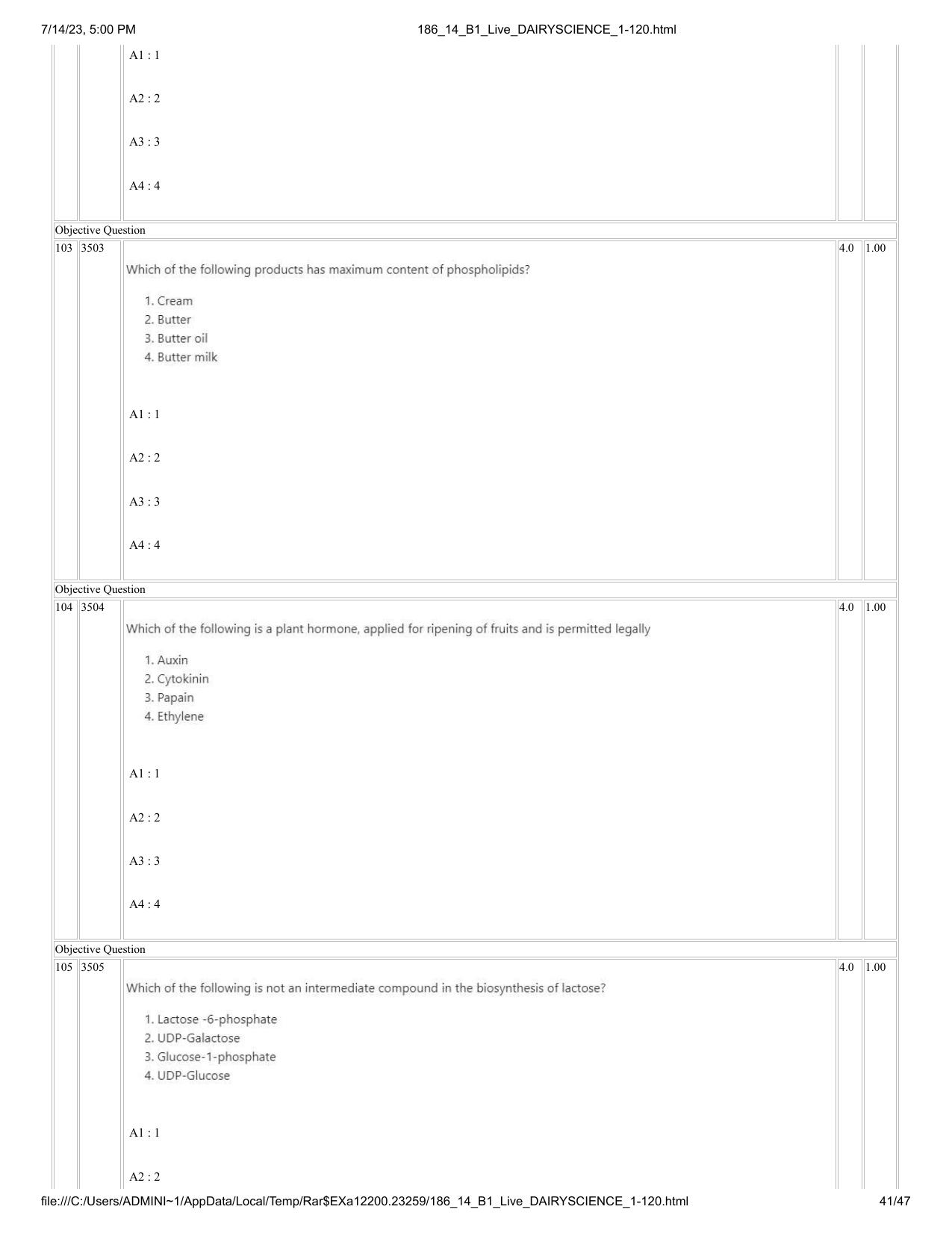 ICAR AIEEA PG 2023 DAIRY SCIENCE Question Paper- 14 July 2023 - Page 41