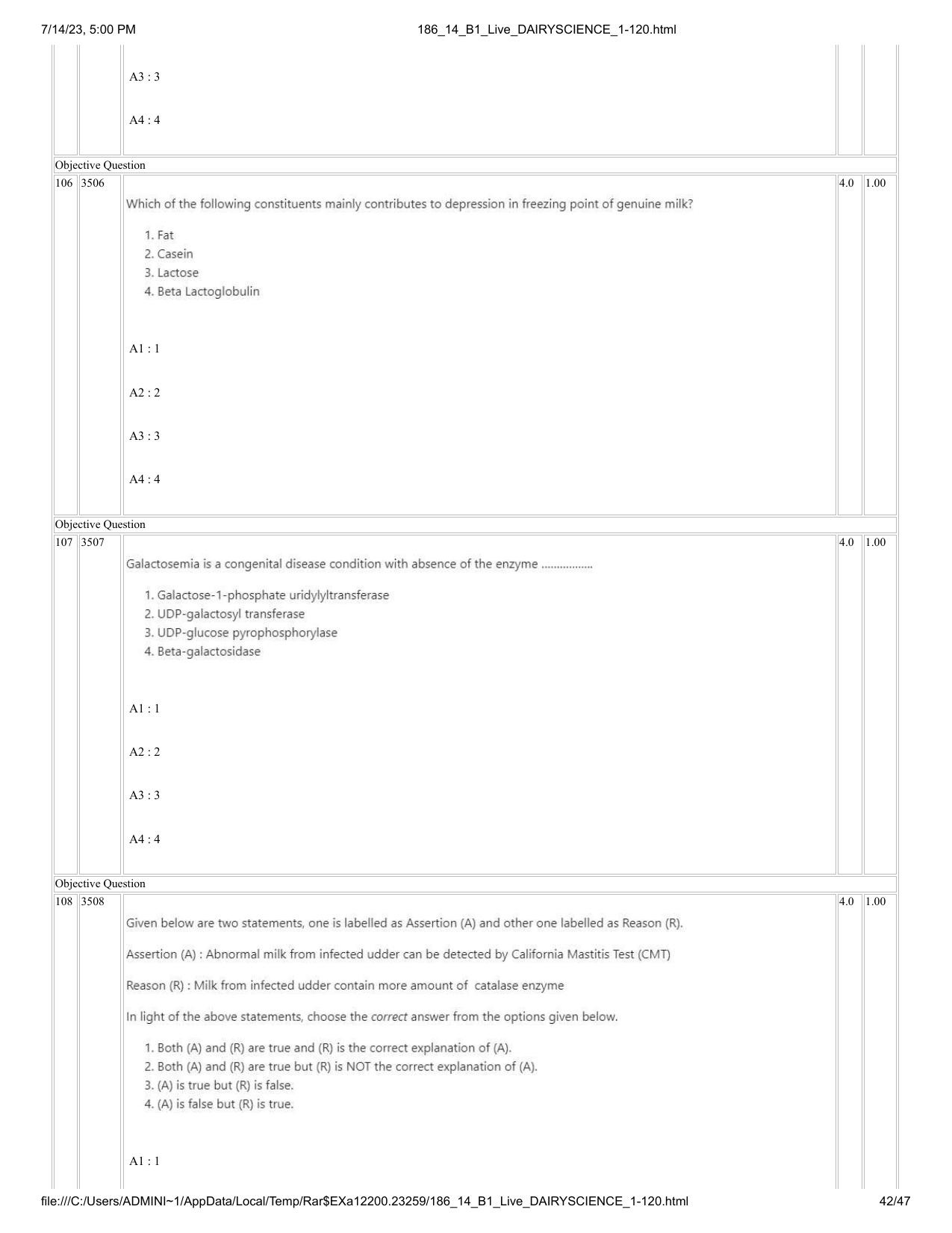 ICAR AIEEA PG 2023 DAIRY SCIENCE Question Paper- 14 July 2023 - Page 42