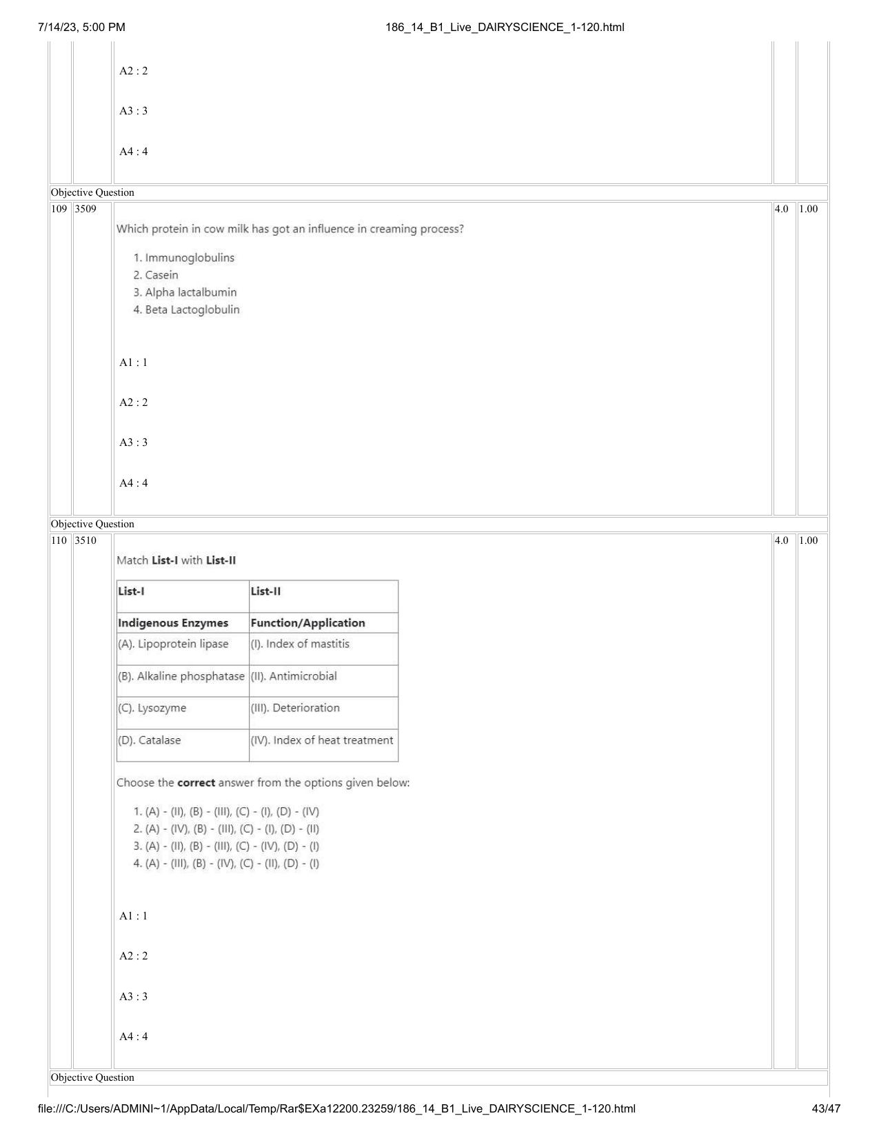 ICAR AIEEA PG 2023 DAIRY SCIENCE Question Paper- 14 July 2023 - Page 43