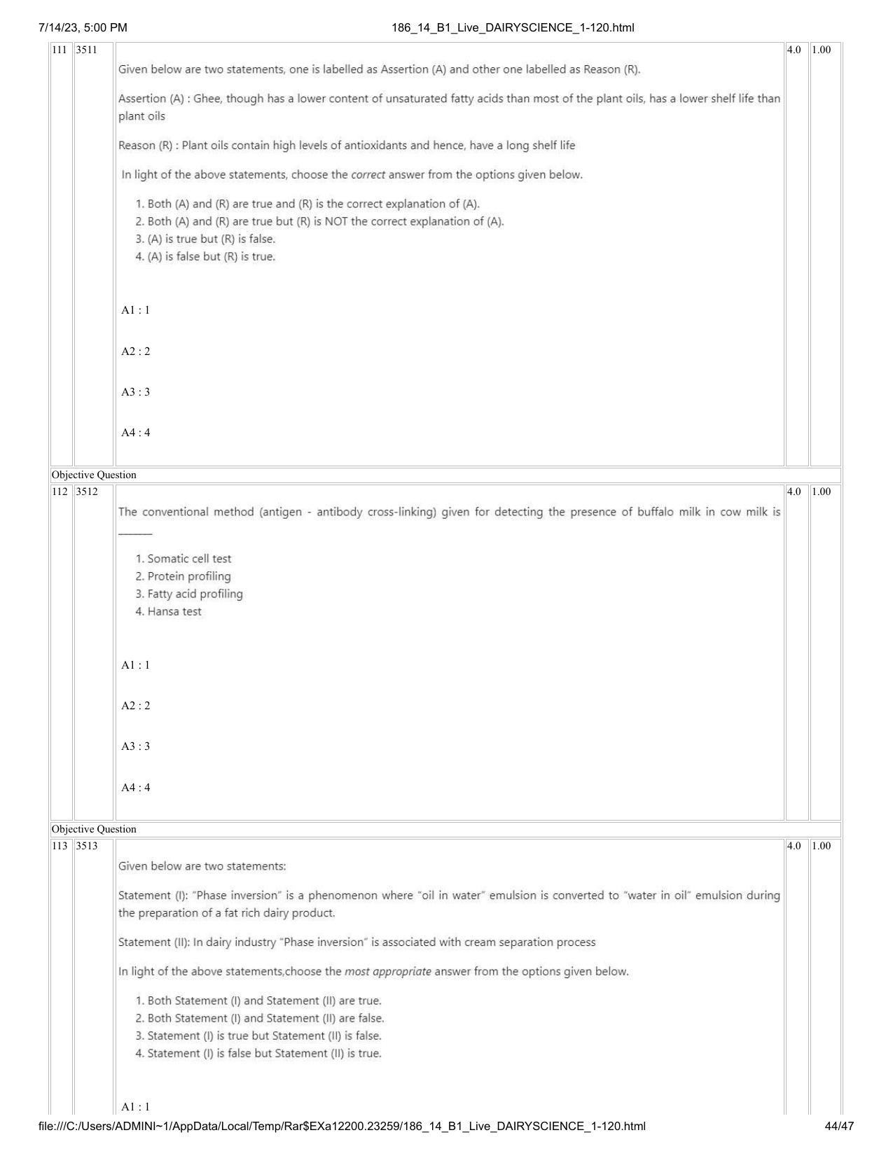 ICAR AIEEA PG 2023 DAIRY SCIENCE Question Paper- 14 July 2023 - Page 44