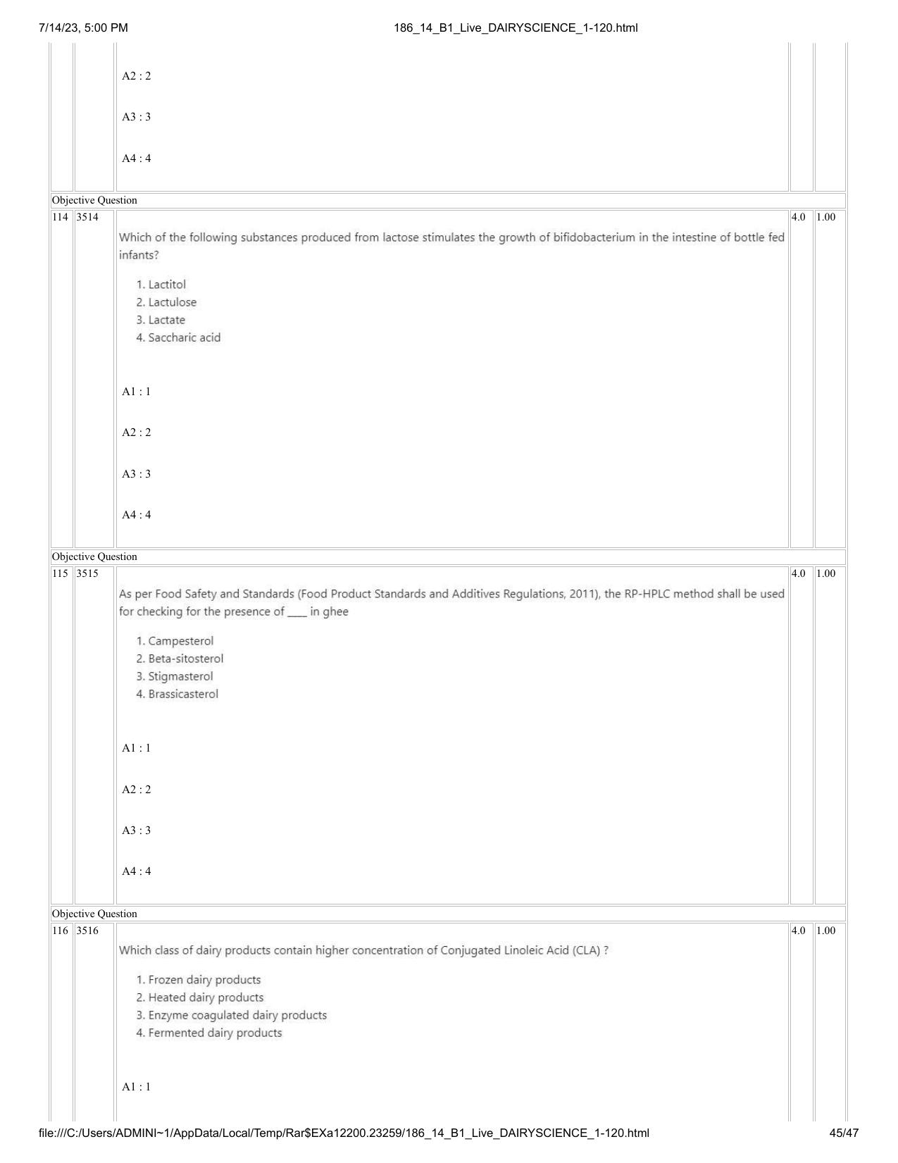 ICAR AIEEA PG 2023 DAIRY SCIENCE Question Paper- 14 July 2023 - Page 45