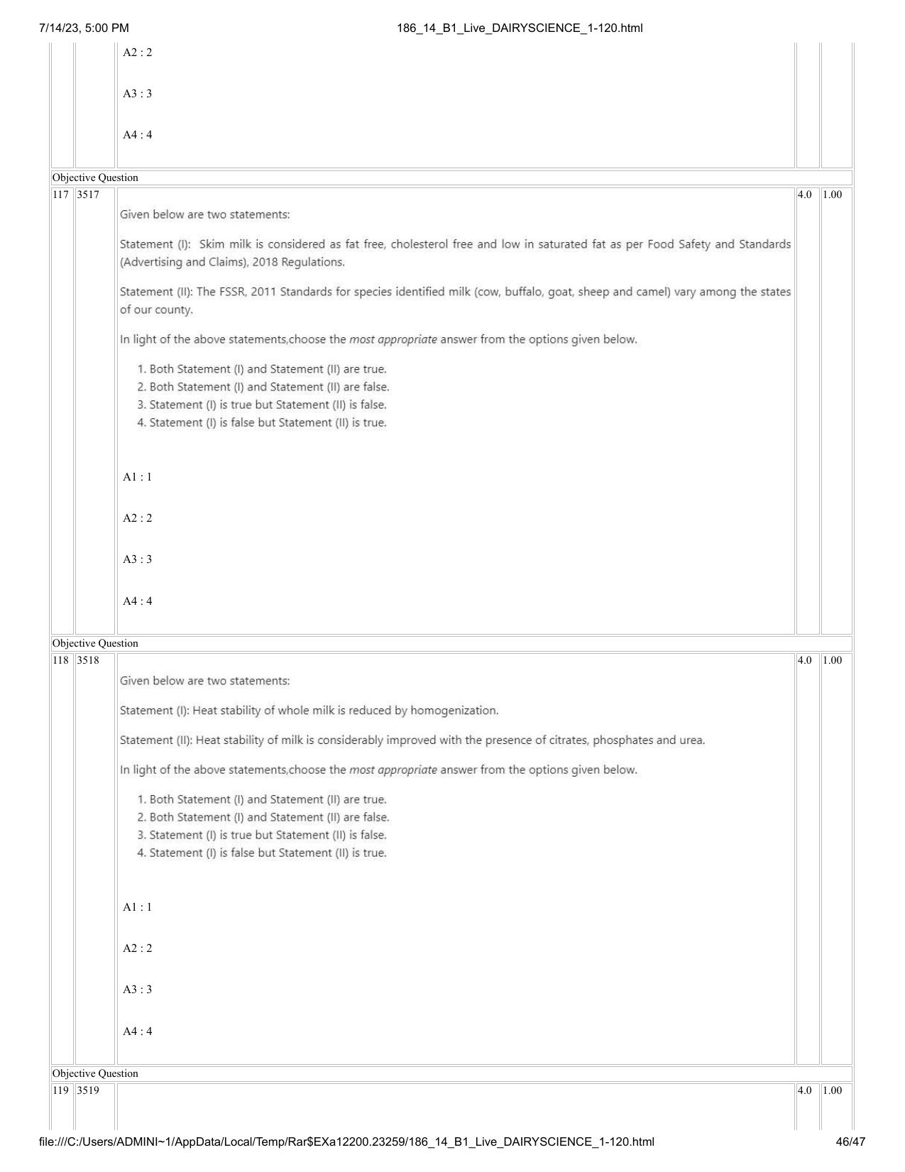 ICAR AIEEA PG 2023 DAIRY SCIENCE Question Paper- 14 July 2023 - Page 46