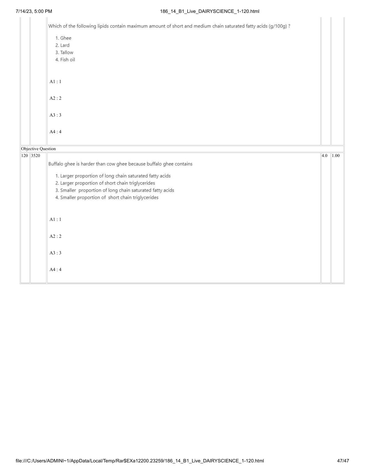 ICAR AIEEA PG 2023 DAIRY SCIENCE Question Paper- 14 July 2023 - Page 47