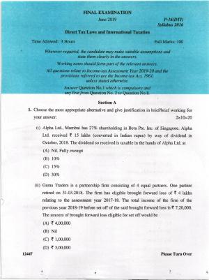 ICMAI June 2018 Tax Laws and International Taxation Question Paper (Final)