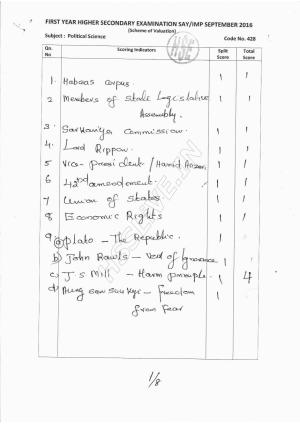 Kerala Plus One 2016 Political Science Answer Key