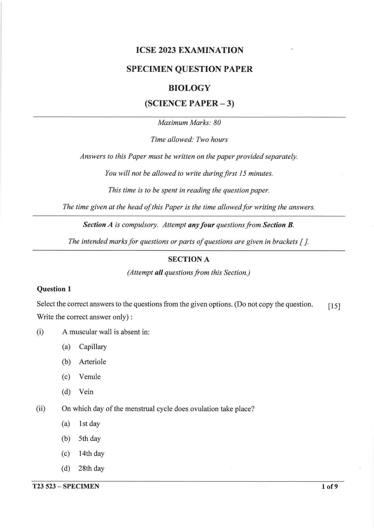 ICSE Class 10 Biology Sample Paper 2023 - Page 1