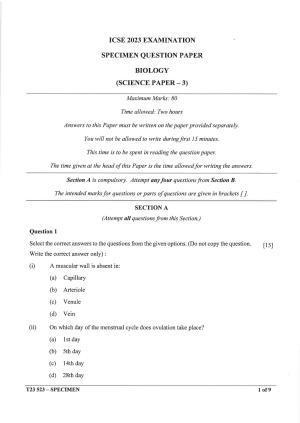 ICSE Class 10 Biology Sample Paper 2023
