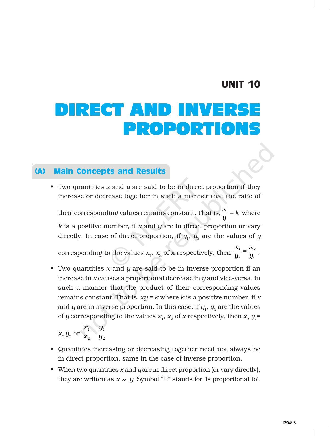 NCERT Exemplar Book for Class 8 Maths: Chapter 10- Direct and Inverse Proportions - Page 1