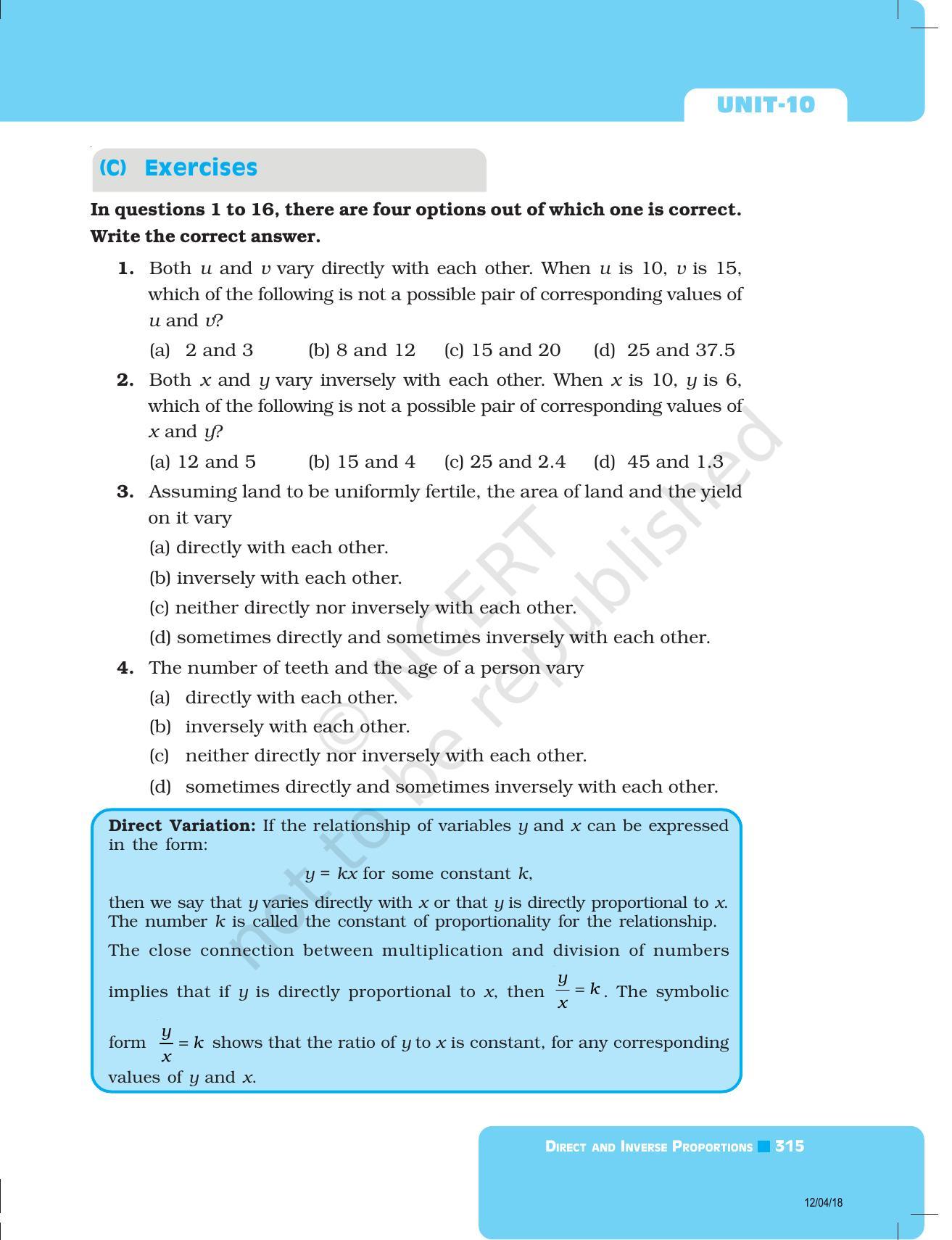 NCERT Exemplar Book for Class 8 Maths: Chapter 10- Direct and Inverse Proportions - Page 7