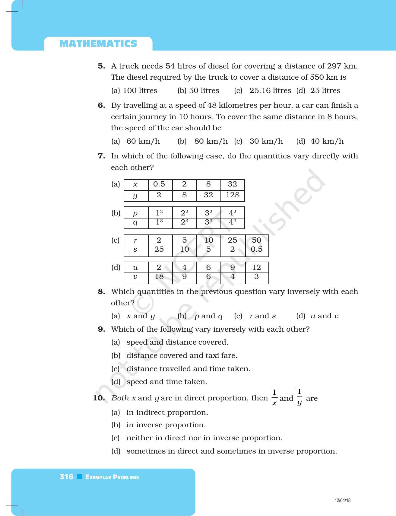 NCERT Exemplar Book for Class 8 Maths: Chapter 10- Direct and Inverse Proportions - Page 8