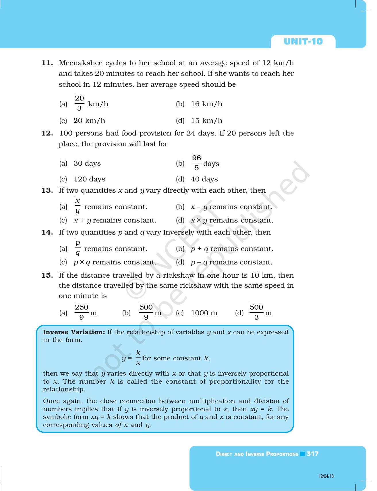 NCERT Exemplar Book for Class 8 Maths: Chapter 10- Direct and Inverse Proportions - Page 9