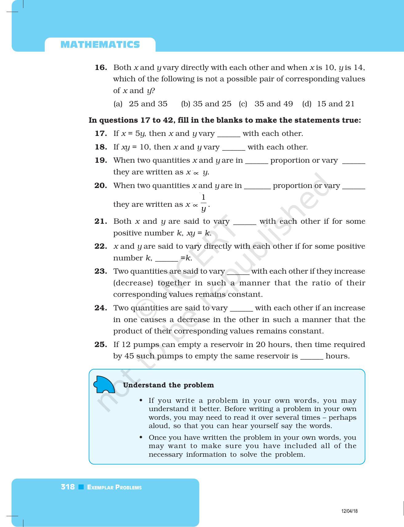 NCERT Exemplar Book for Class 8 Maths: Chapter 10- Direct and Inverse Proportions - Page 10