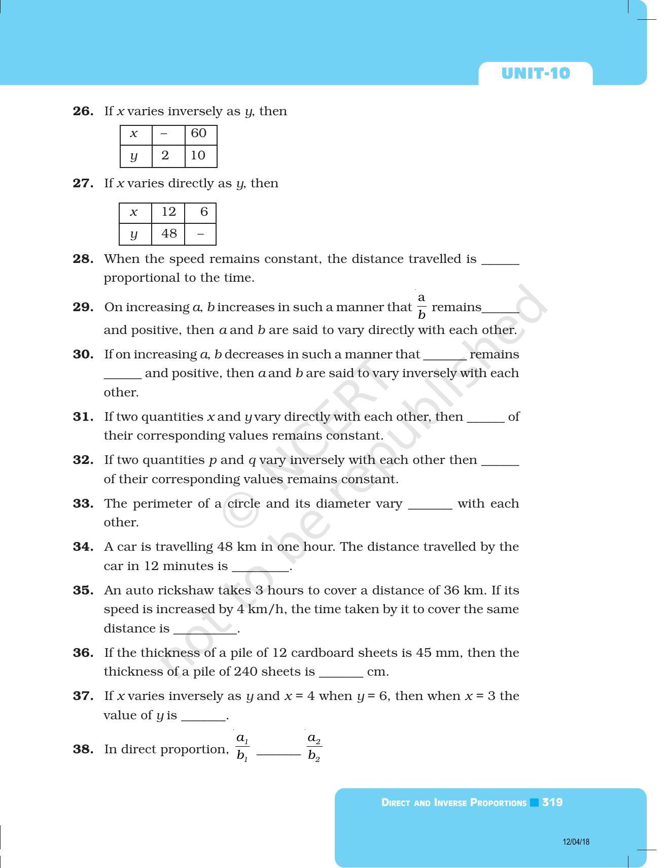 NCERT Exemplar Book for Class 8 Maths: Chapter 10- Direct and Inverse Proportions - Page 11