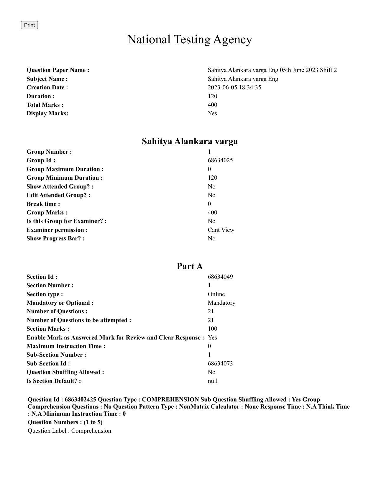 CUET PG 2023: ACQP19 – Sahitya (Alankara and Kavya varga) (Eng.) - Shift 2 (5-06-2023) Question Paper - Page 1