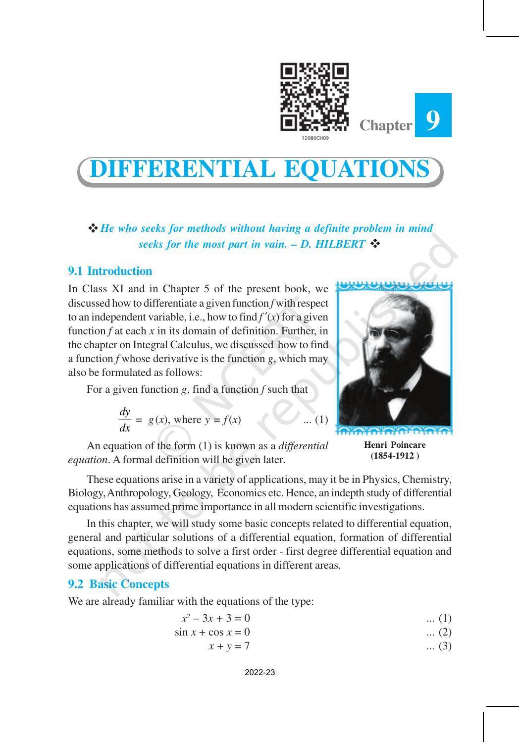 NCERT Book for Class 12 Maths Chapter 9 Differential Equations - Page 1