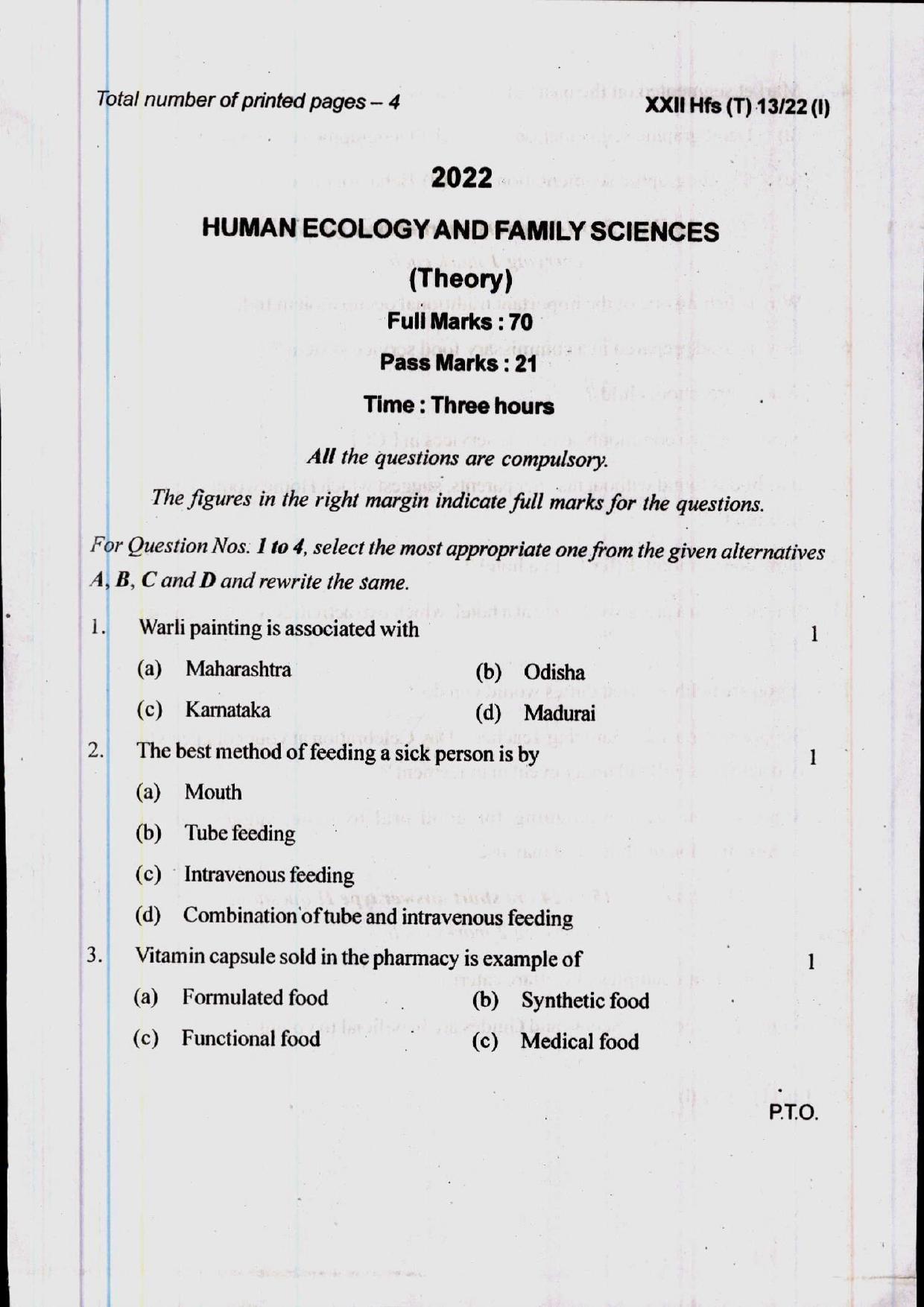 COHSEM 12th Question Papers Improvement 2022 Human Ecology and Family Sciences - Page 1