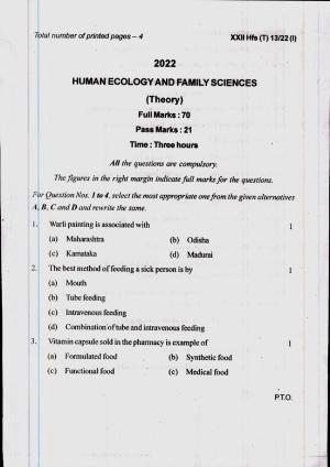 COHSEM 12th Question Papers Improvement 2022 Human Ecology and Family Sciences