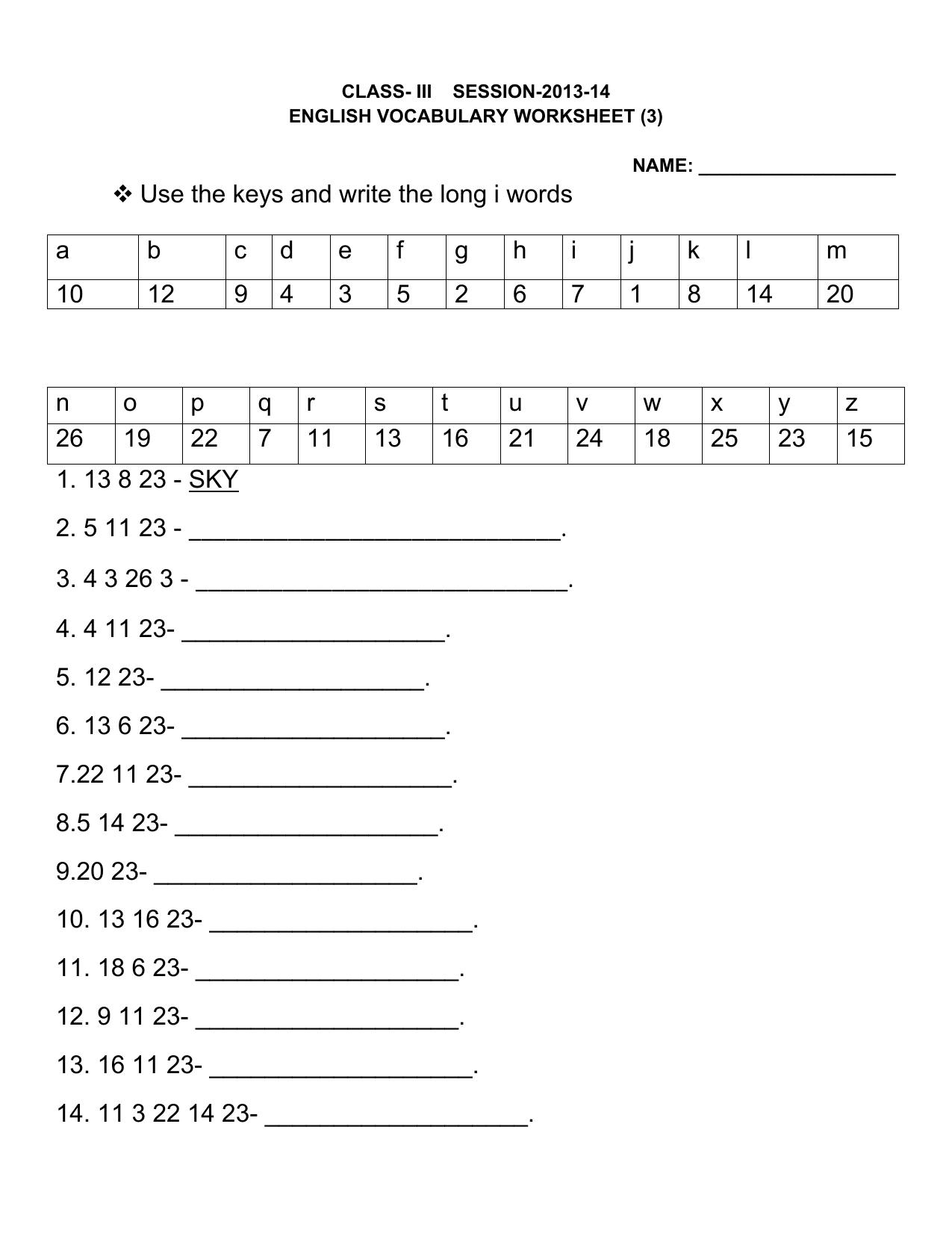 Worksheet for Class 3 English Vocabulary Assignment 1 - Page 1
