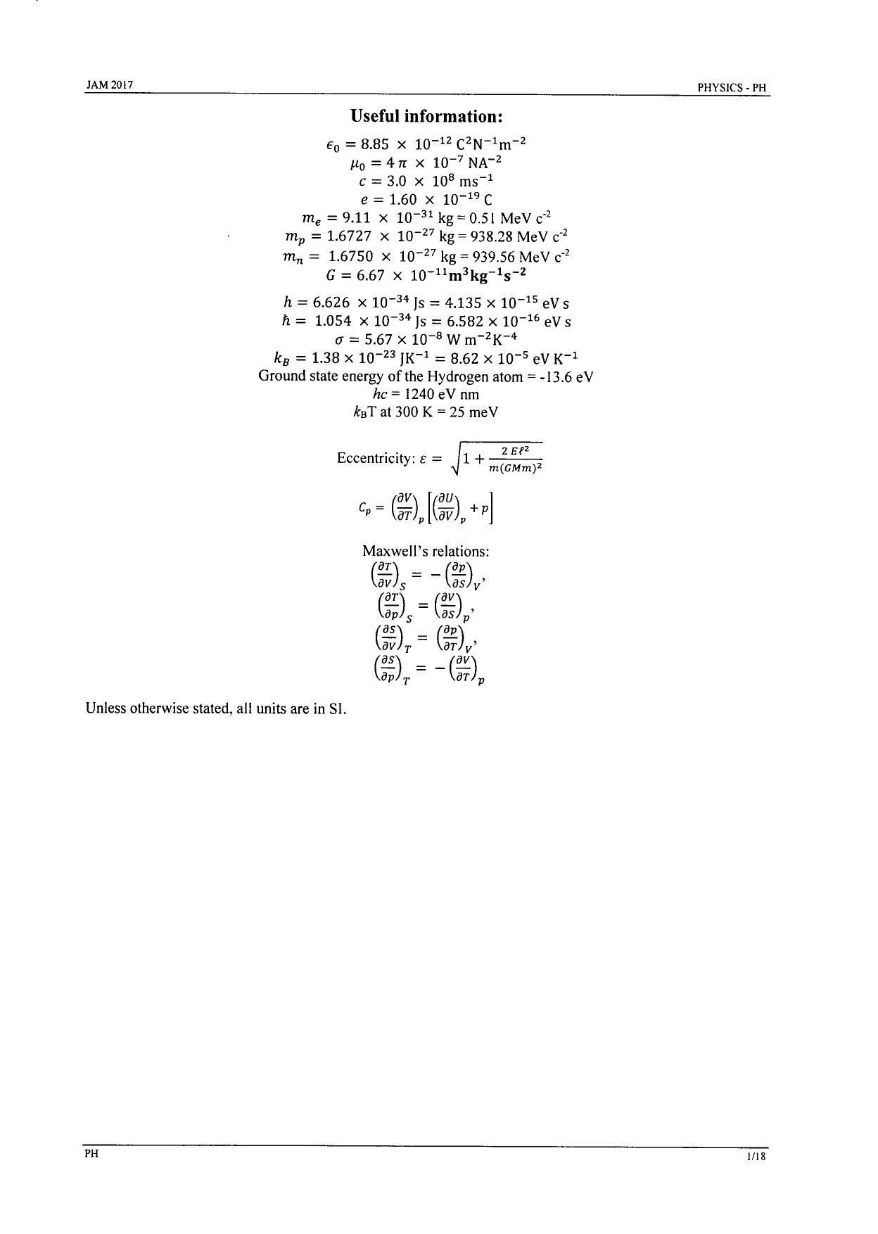 JAM 2017: PH Question Paper - Page 1