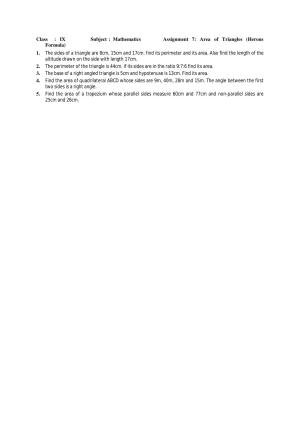 CBSE Worksheets for Class 9 Mathematics Area of Triangles (Herons Formula) Assignment