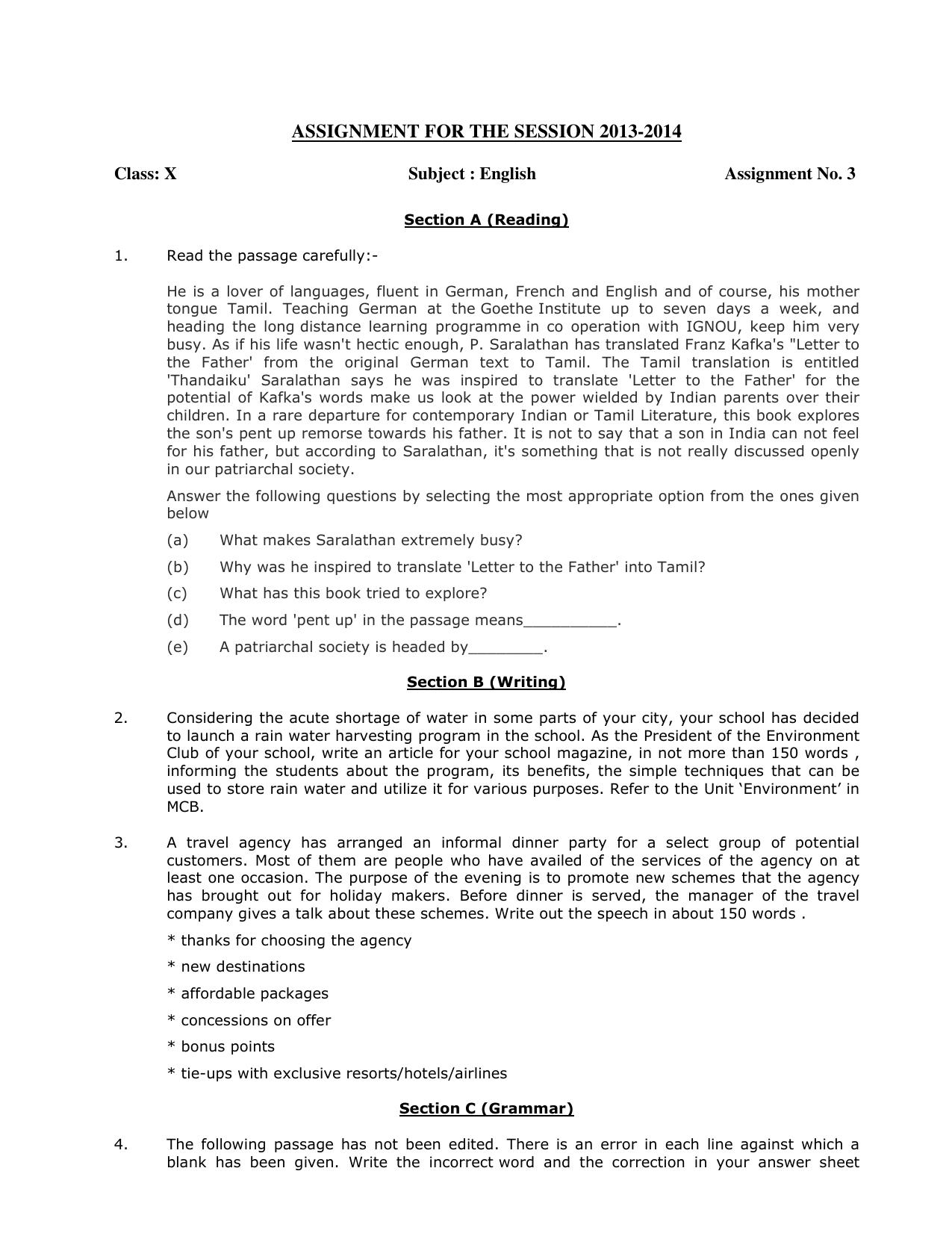 CBSE Worksheets for Class 10 English Assignment 12 - Page 1