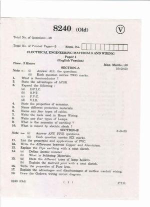 AP Inter 1st Year Electrical Engineering Materials and Wiring-I (Old) May-2019-Vocational Question Paper