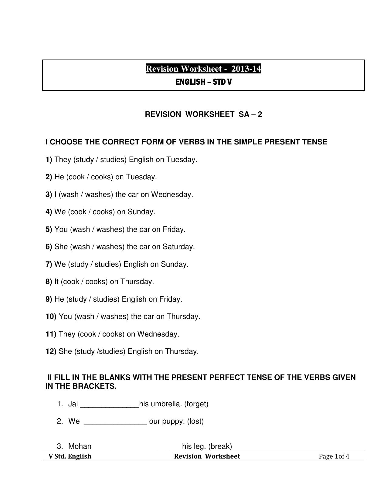 Worksheet for Class 5 English Assignment 50 - Page 1