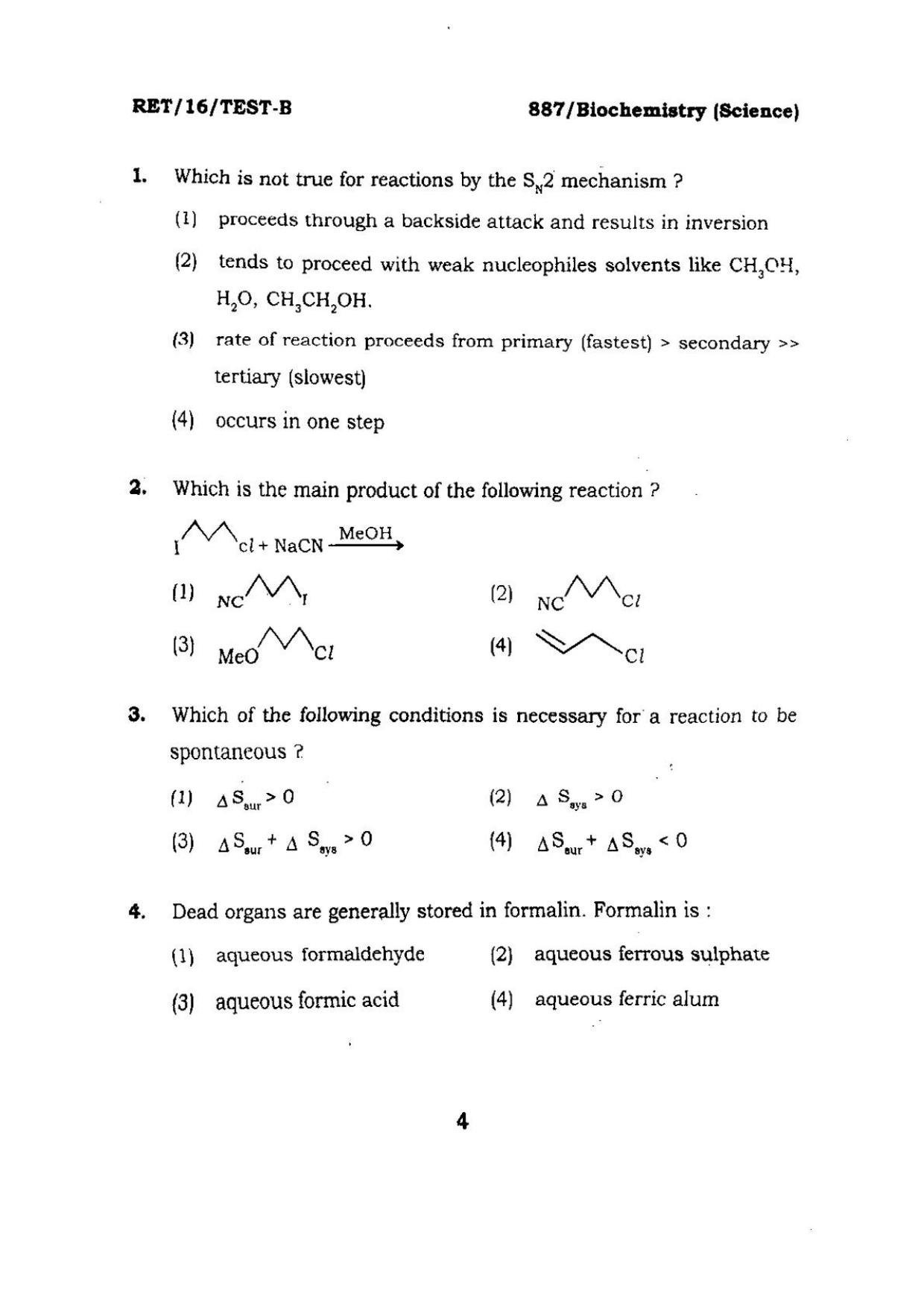 BHU RET BIOCHEMISTRY SCIENCE 2016 Question Paper - Page 4