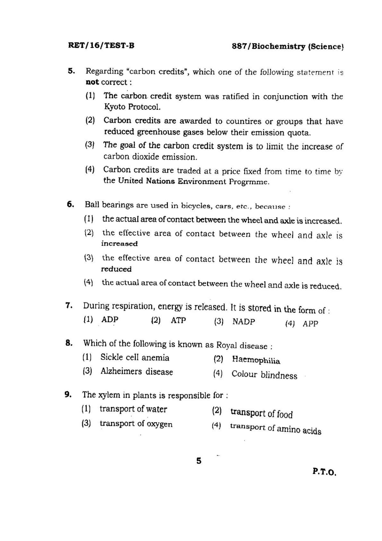 BHU RET BIOCHEMISTRY SCIENCE 2016 Question Paper - Page 5