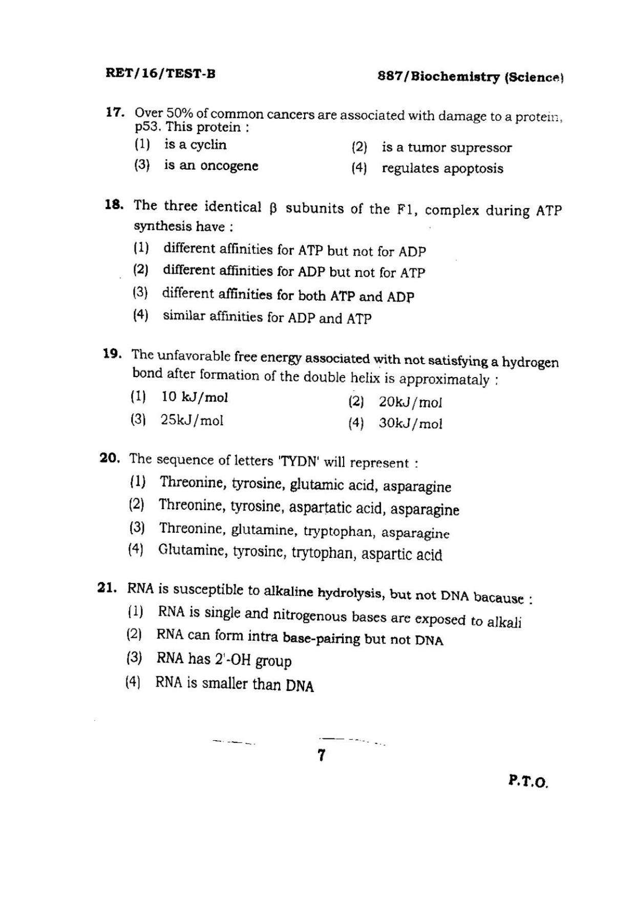 BHU RET BIOCHEMISTRY SCIENCE 2016 Question Paper - Page 7