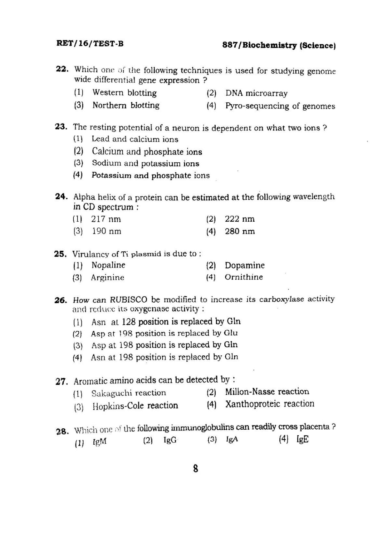BHU RET BIOCHEMISTRY SCIENCE 2016 Question Paper - Page 8