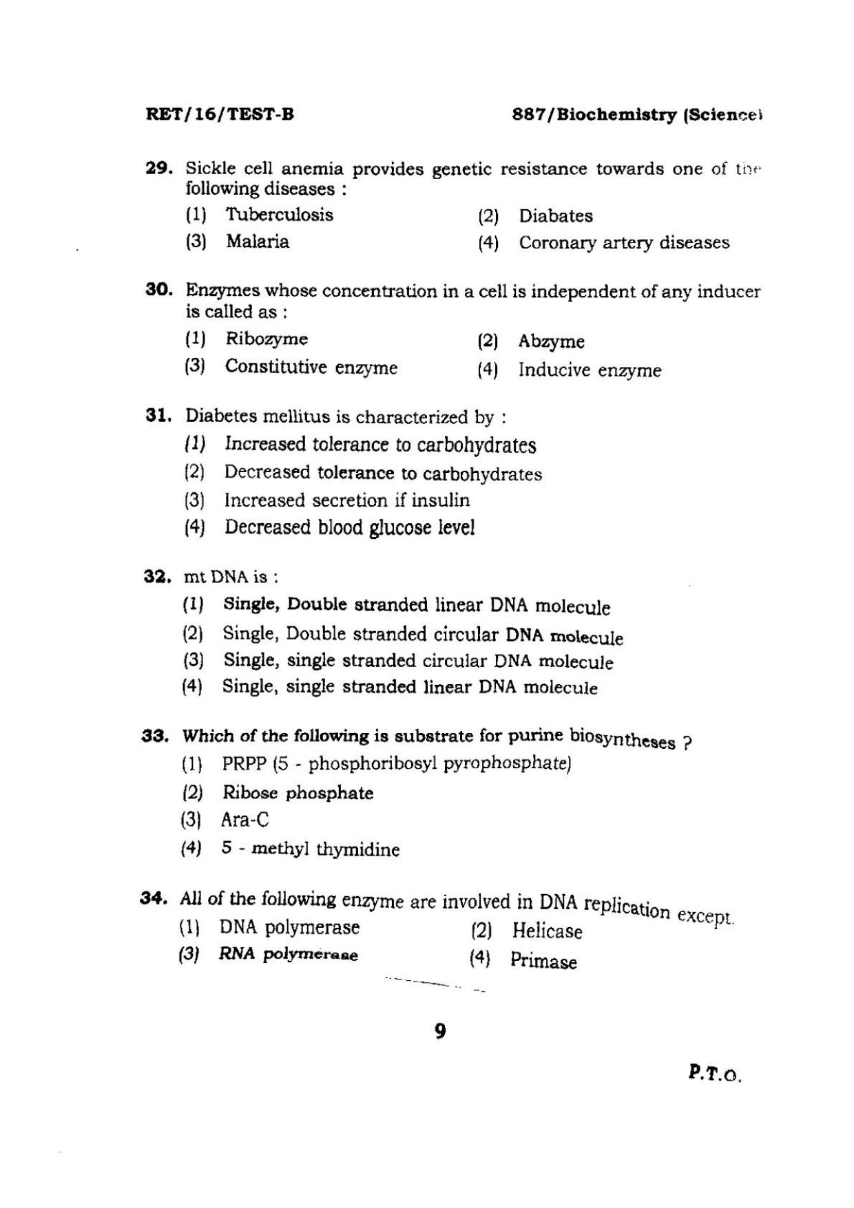 BHU RET BIOCHEMISTRY SCIENCE 2016 Question Paper - Page 9