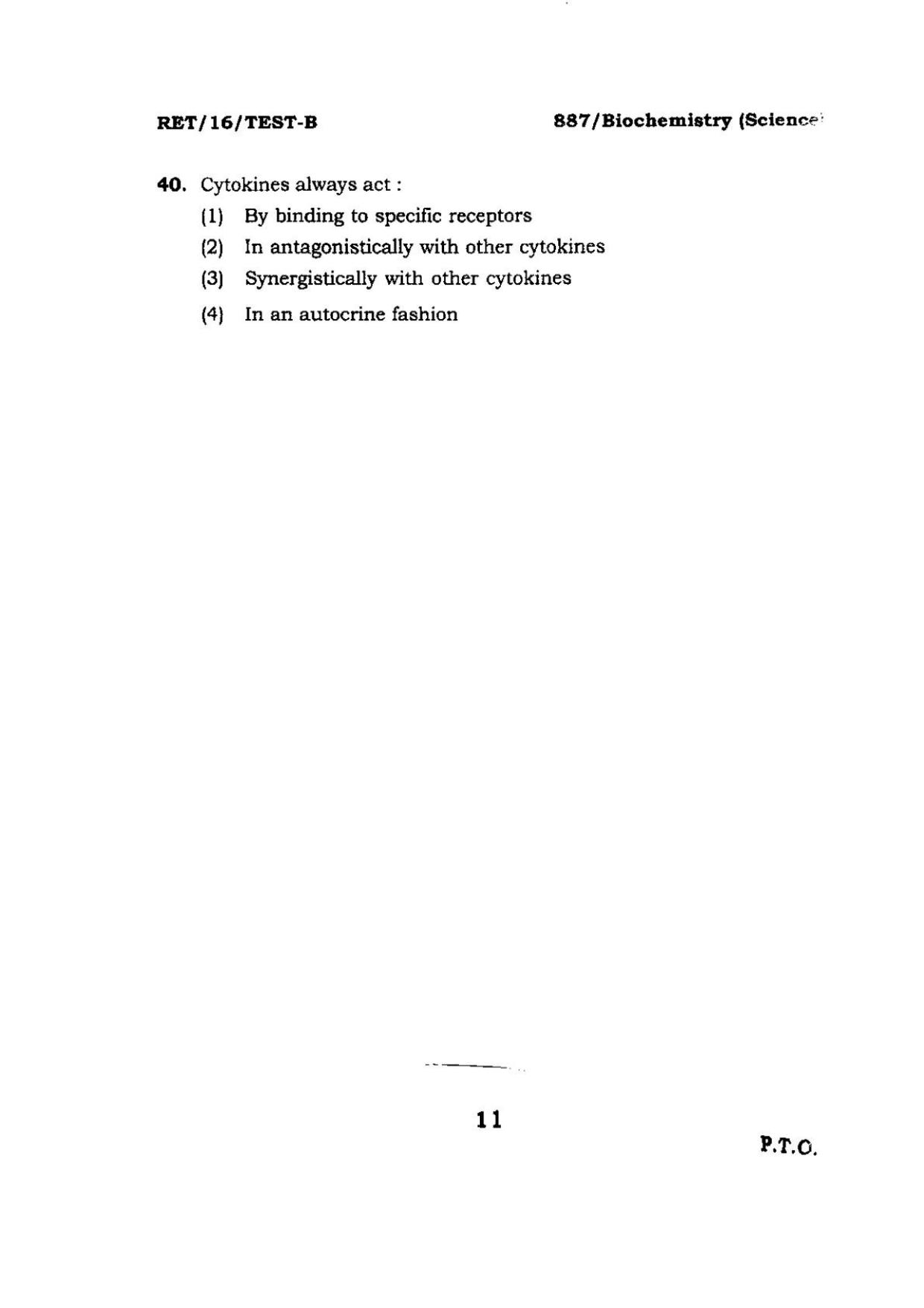 BHU RET BIOCHEMISTRY SCIENCE 2016 Question Paper - Page 11