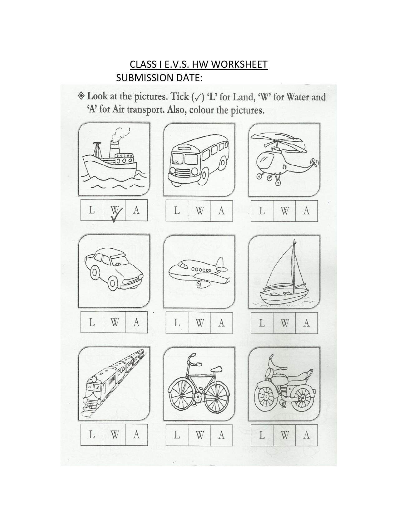 Worksheet for Class 1 EVS Transport Assignment - Page 1