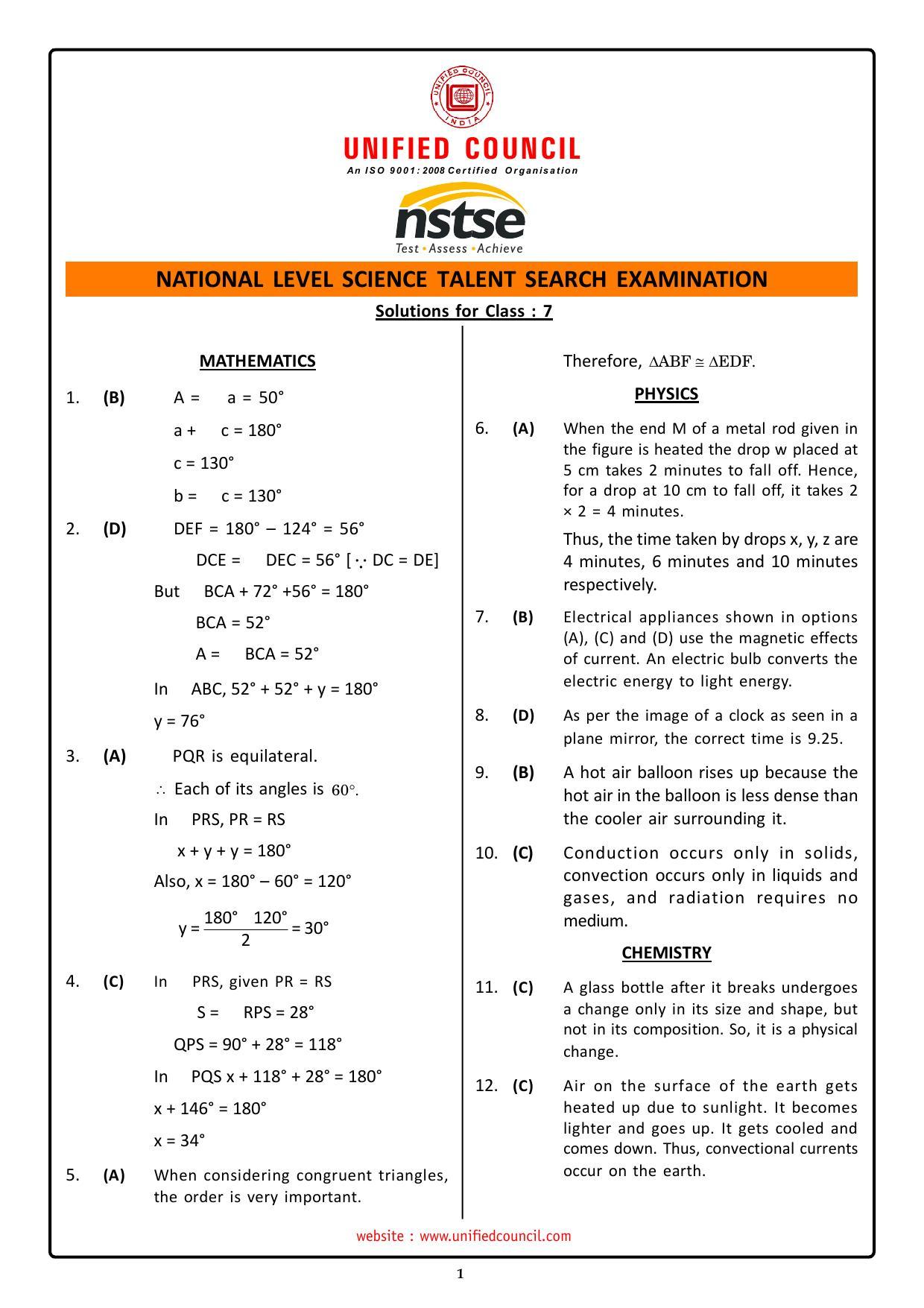 2023 Class 7 NSTSE Key & Solutions - Page 1