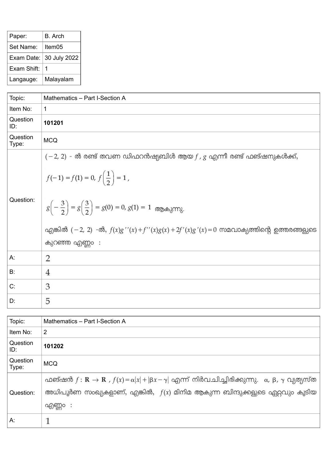 JEE Mains 2022: B.Arch Malayalam (Shift 1) 30-07-2022 Question Paper - Page 1