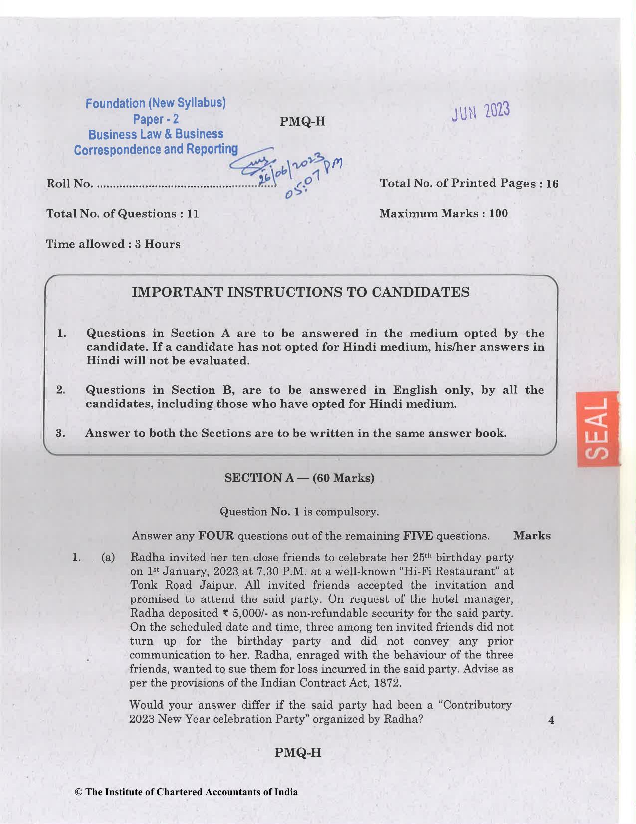CA Foundation June 2023 Question Paper - Paper 2 (Business Laws and Business Correspondence and Reporting) - Page 1