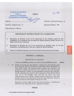 CA Foundation June 2023 Question Paper - Paper 2 (Business Laws and Business Correspondence and Reporting)