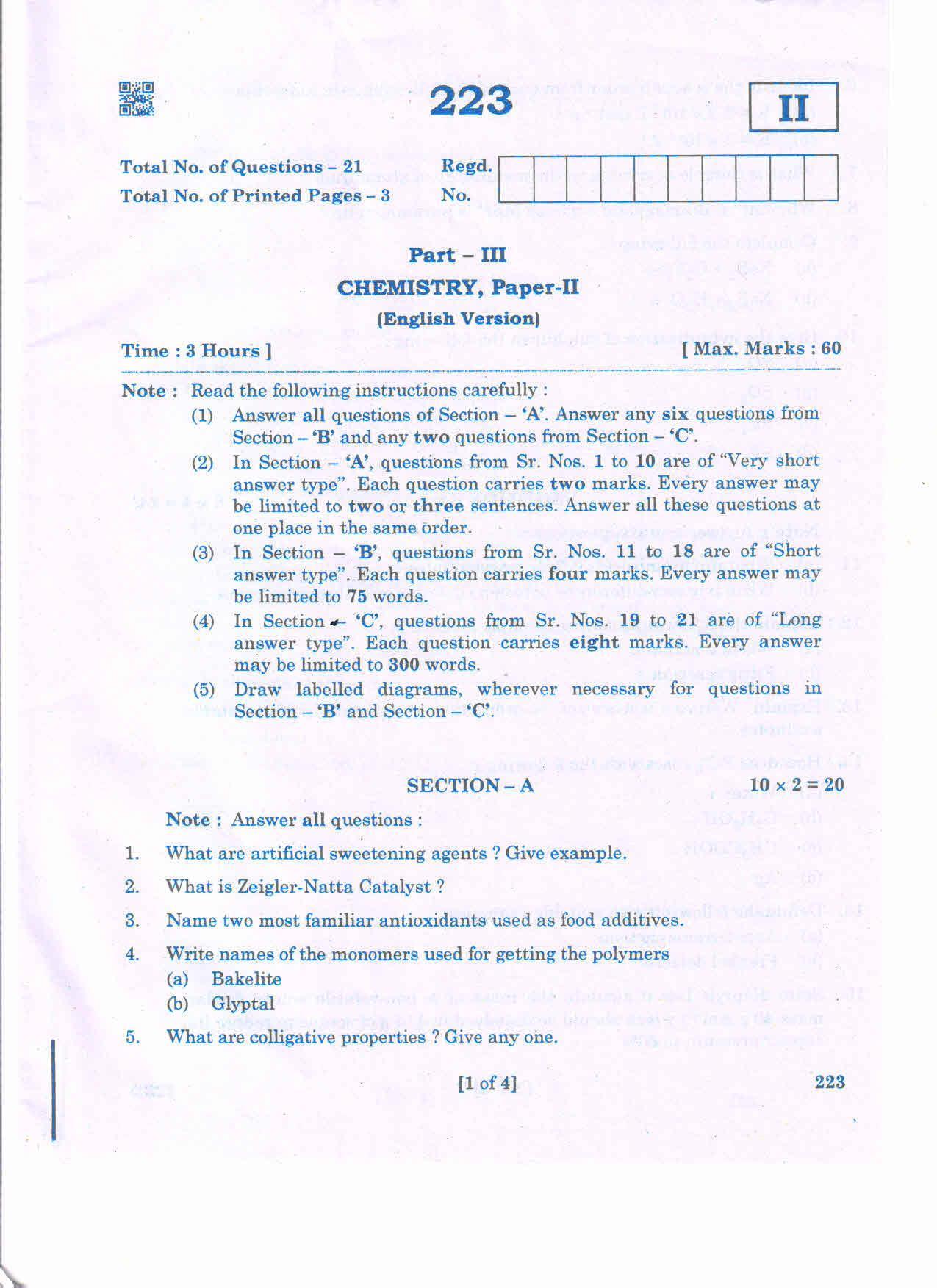 AP 2nd Year General Question Paper March - 2020 - CHEMISTRY-II (EM) - Page 1