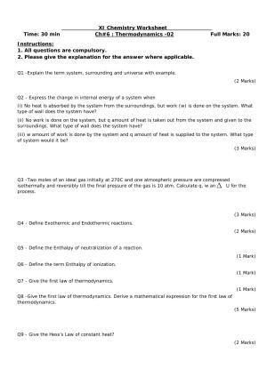 CBSE Worksheets for Class 11 Chemistry Thermodynamics Assignment 2