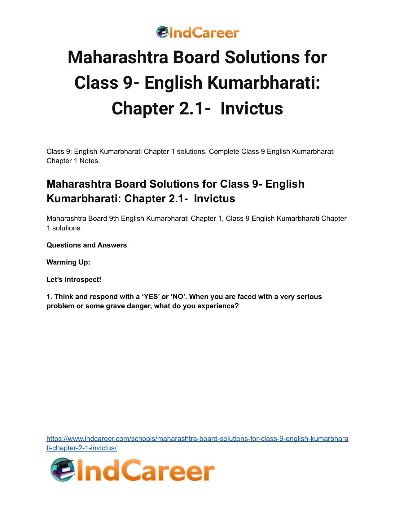 Maharashtra Board Solutions for Class 9- English Kumarbharati: Chapter 2.1- Invictus - Page 2